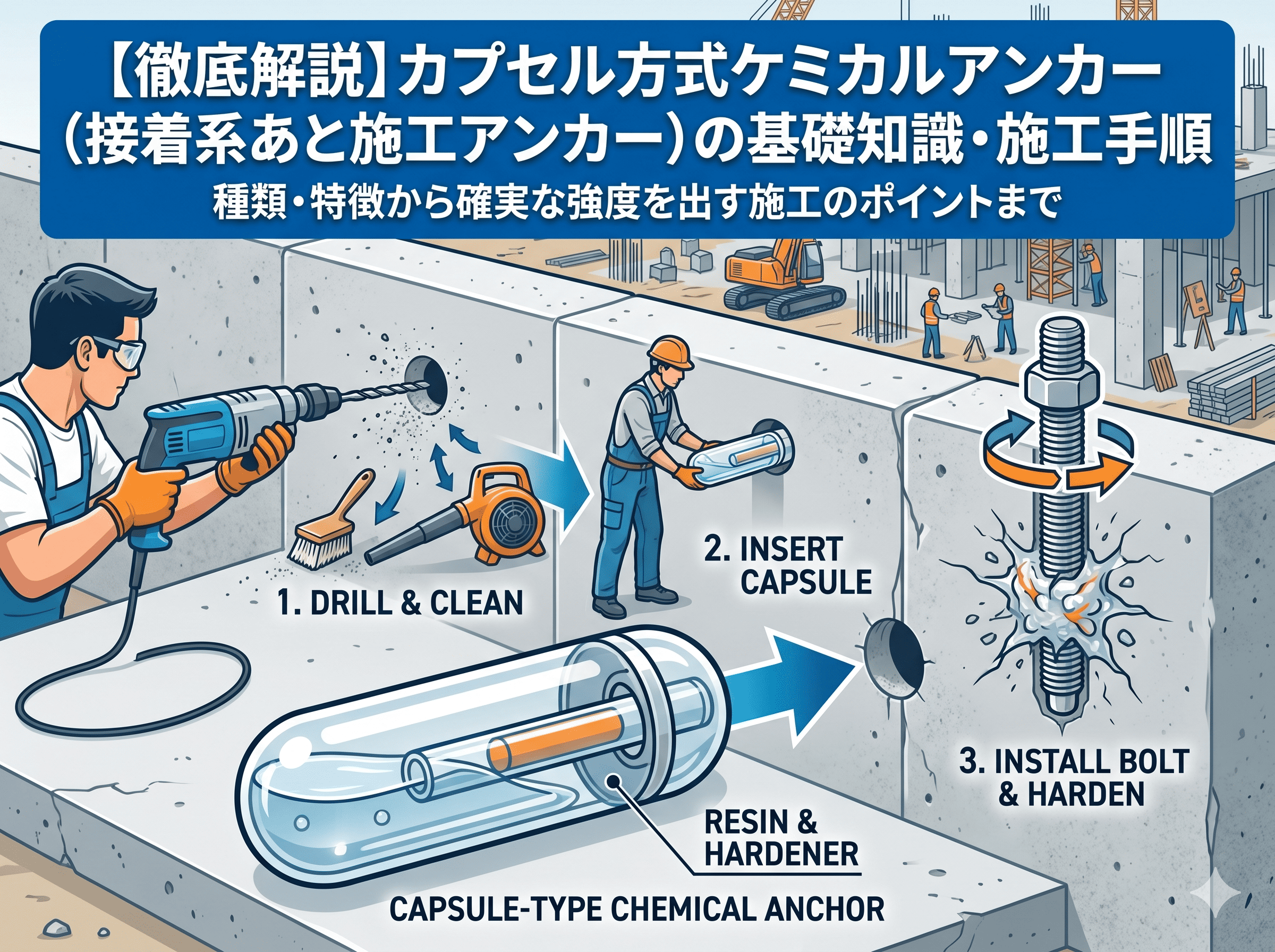 【徹底解説】カプセル方式ケミカルアンカー（接着系あと施工アンカー）の基礎知識・特徴と正しい施工手順