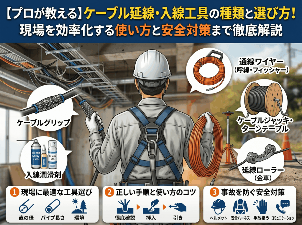【プロが教える】ケーブル延線・入線工具の種類と選び方！現場を効率化する使い方と安全対策まで徹底解説