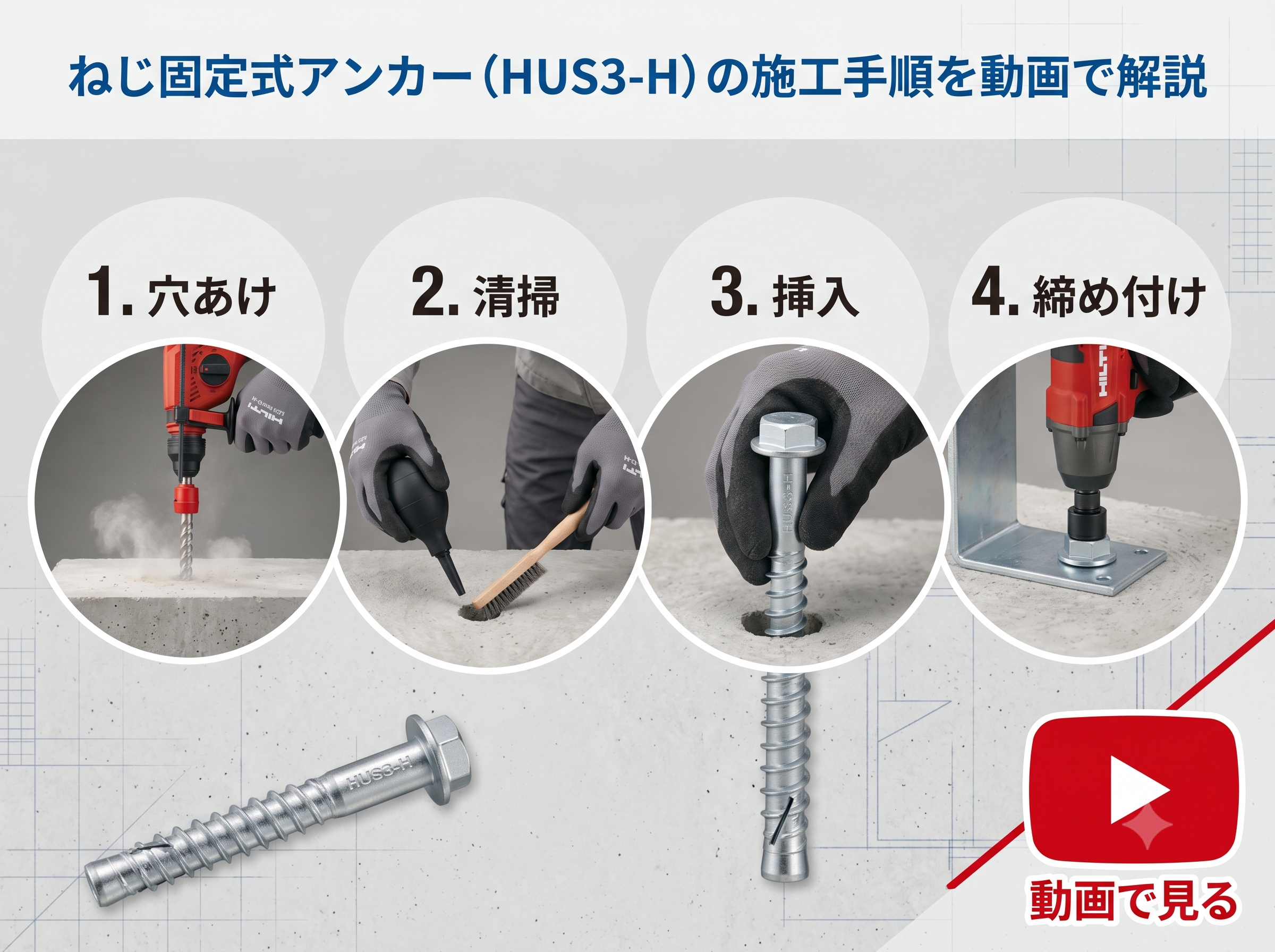 ねじ固定式アンカー（HUS3-H）の施工手順を動画で解説